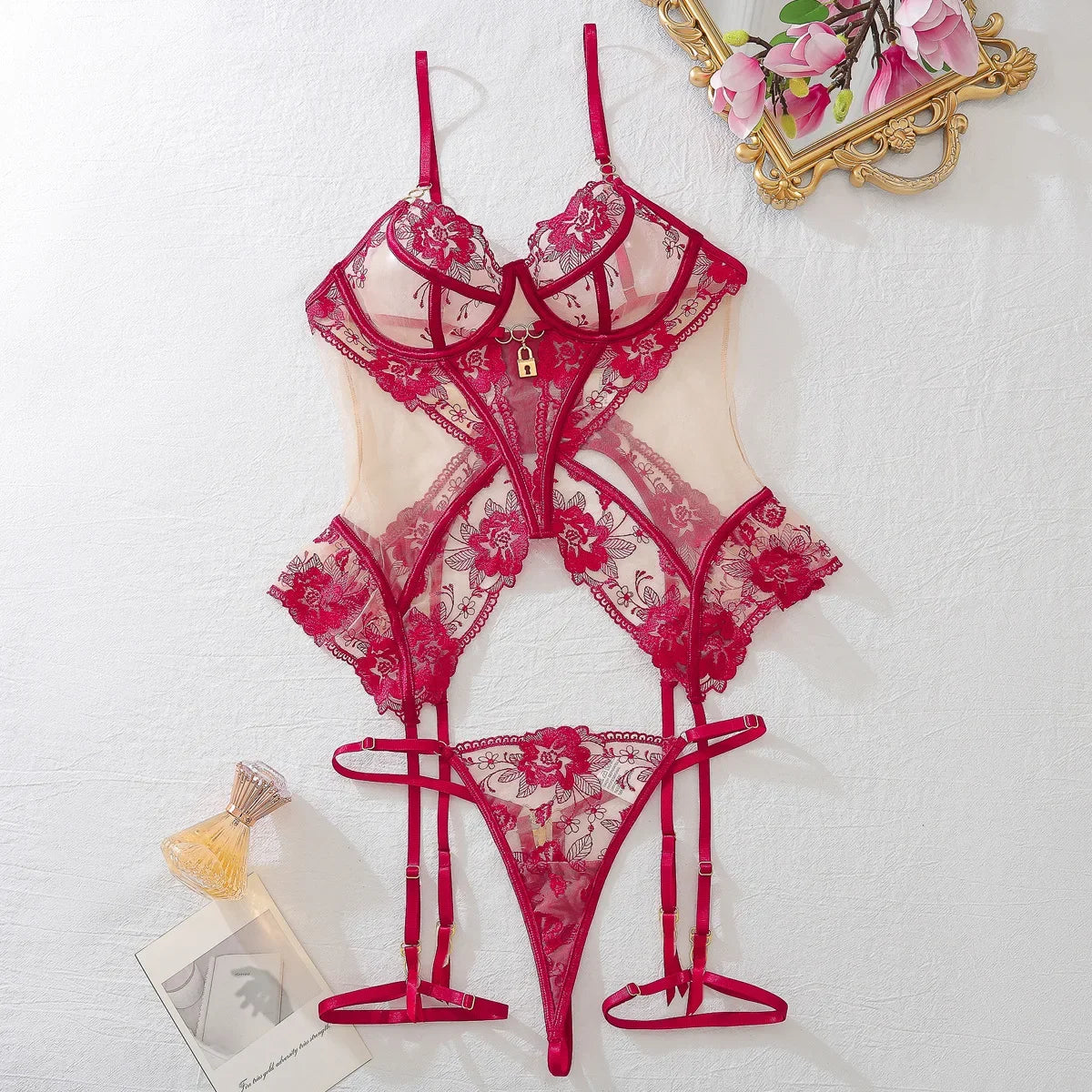 Amanda Sexy Flower Embroidery Mesh 3 Pieces Lingerie Set