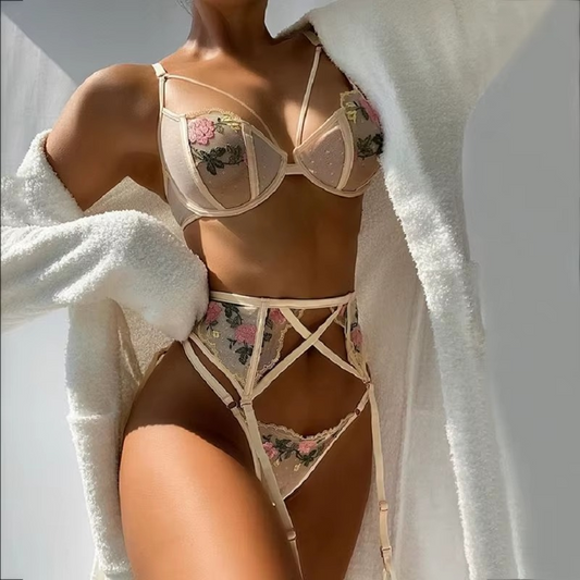 Creamy Rose 3 Pieces Lingerie Set